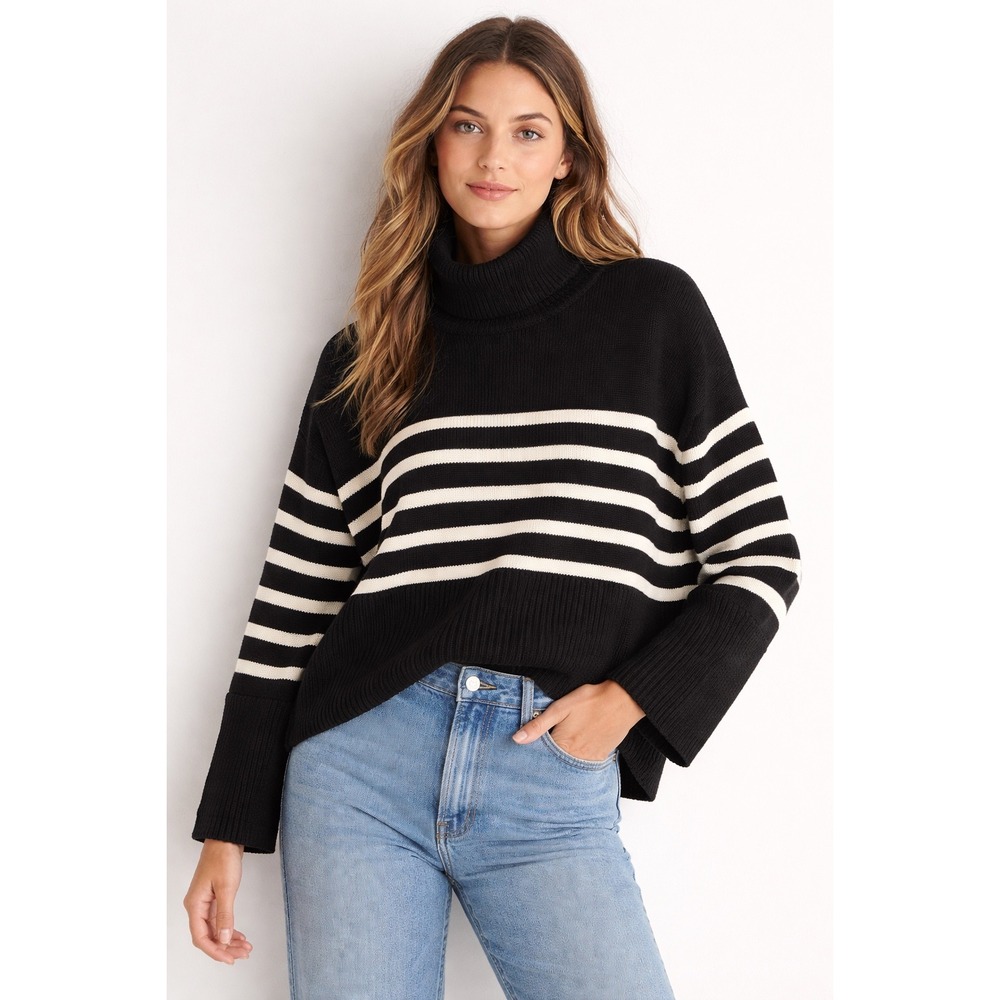 Gap Womens Striped Turtleneck Oversized Cotton Sweater Large Black White Coastal